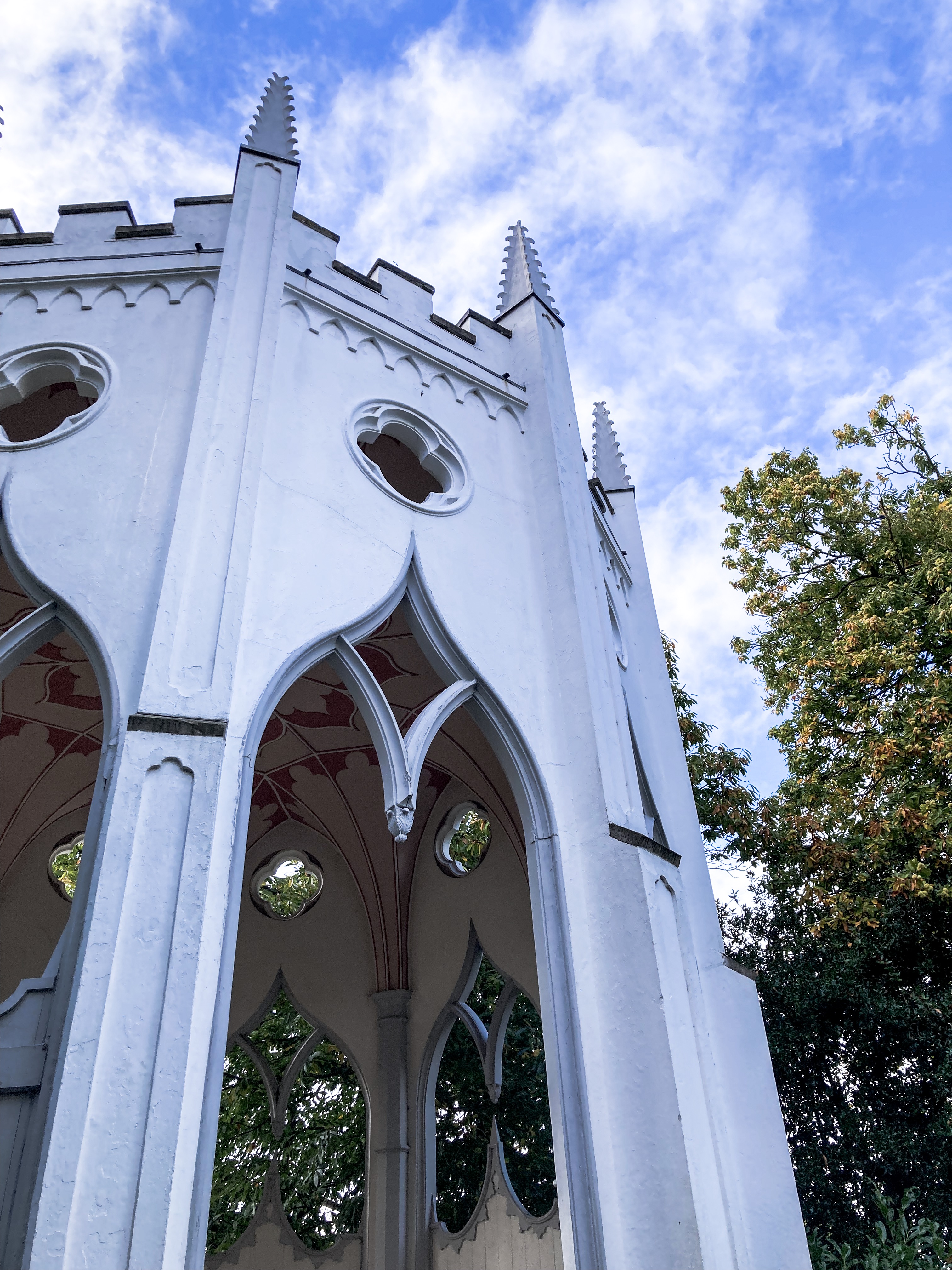 A close-up of the ornate Gothic Temple at Painshill Park, Surrey, on a sunny Summer's Day.