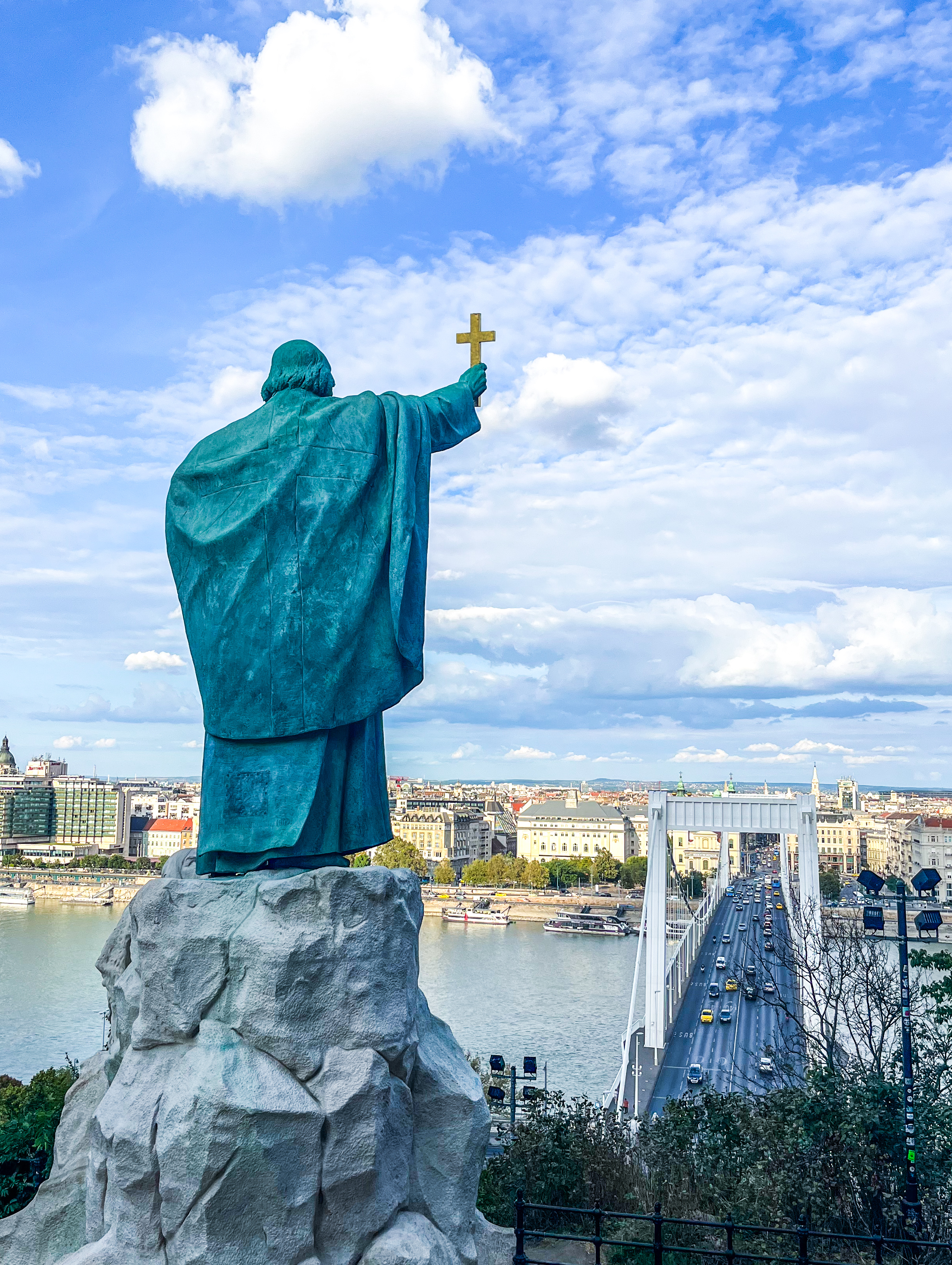 The statue of St Stephen at Gellert Hill, overlooking Budapest and the Danube.