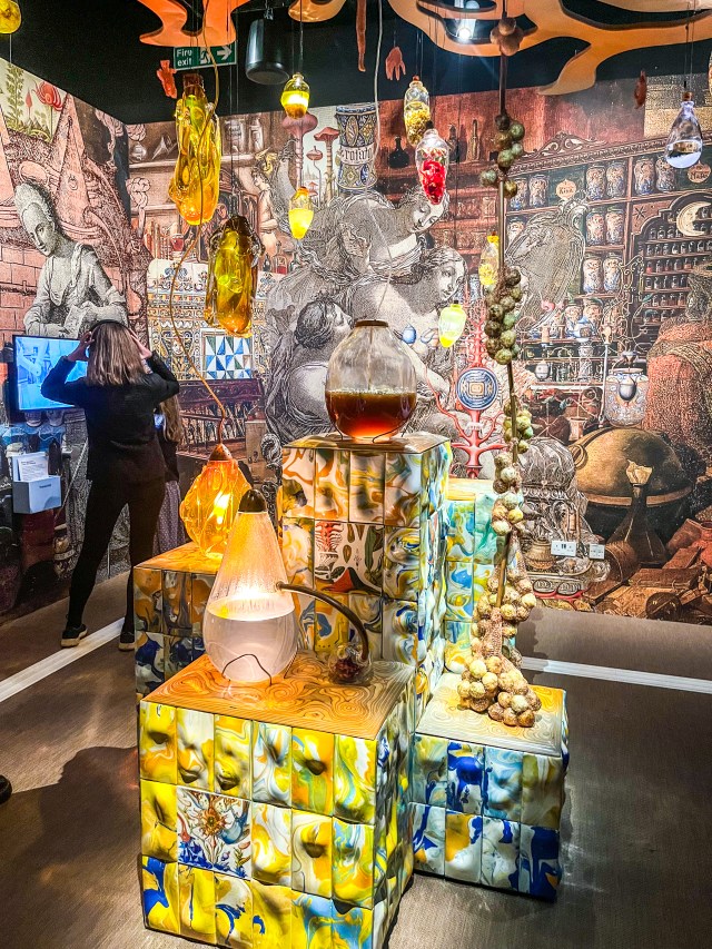 A large interactive modern art sculpture  in the Cult of Beauty art exhibition at the Wellcome Collection, London.