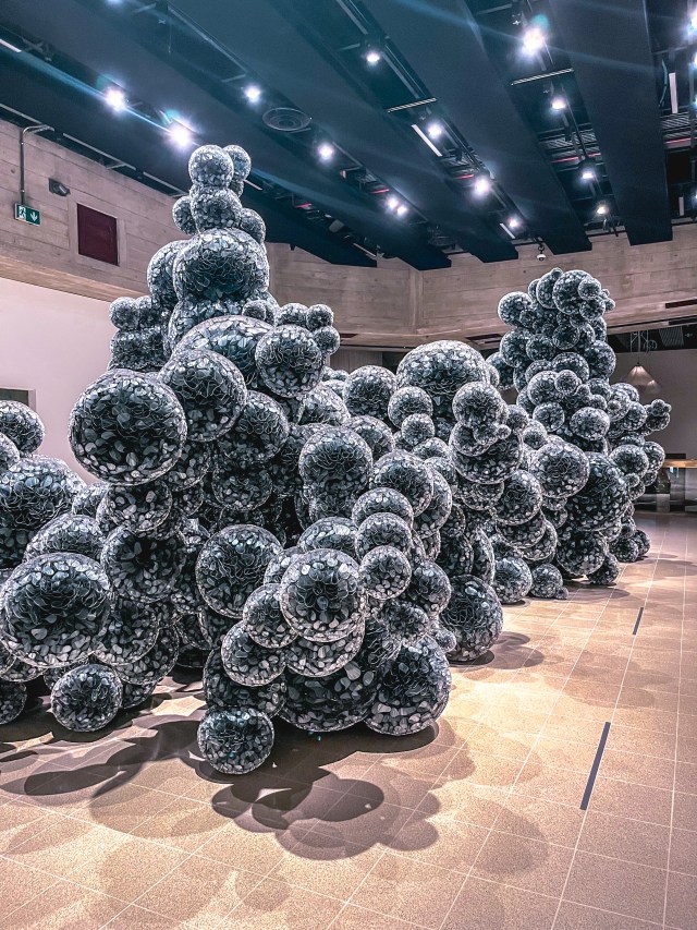 A large modern art sculpture in the When Forms Come Alive art exhibition at the Haywards Gallery, London South Bank. 