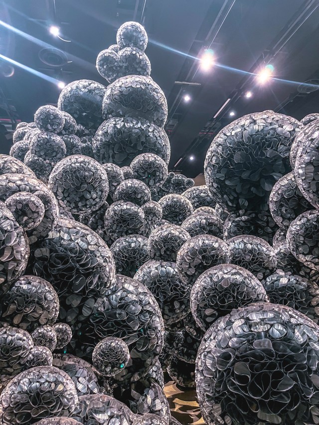 A large modern art sculpture in the When Forms Come Alive art exhibition at the Haywards Gallery, London South Bank.