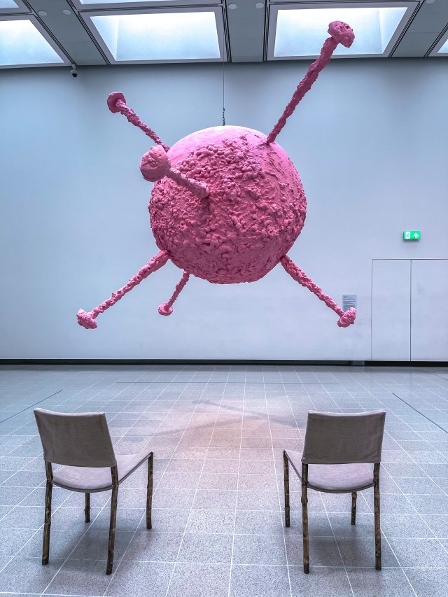 A large modern art sculpture in the When Forms Come Alive art exhibition at the Haywards Gallery, London South Bank. 