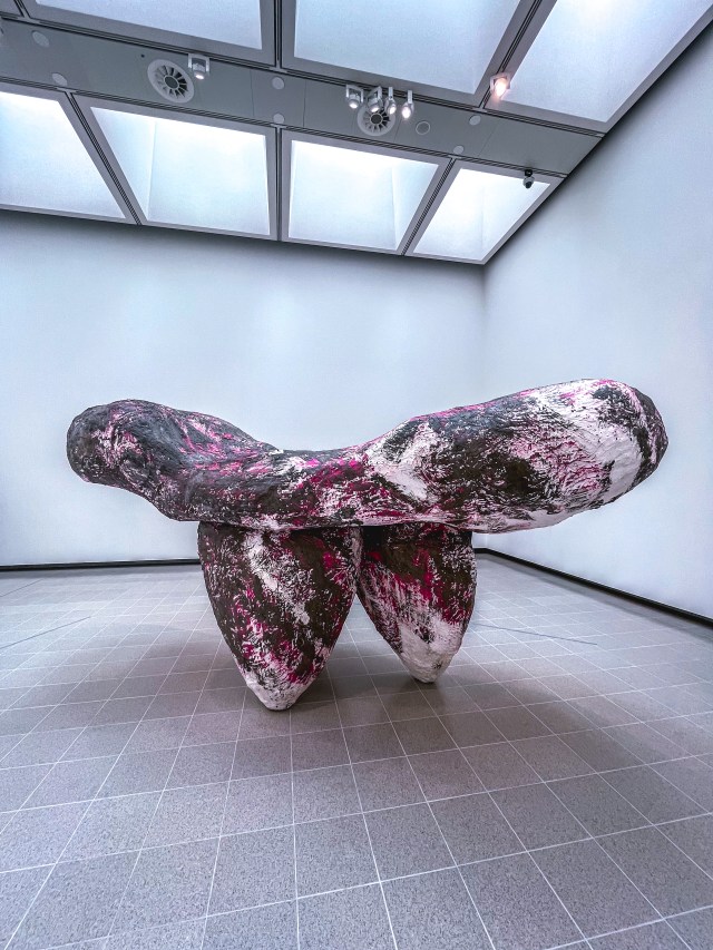 A large modern art sculpture in the When Forms Come Alive art exhibition at the Haywards Gallery, London South Bank. 