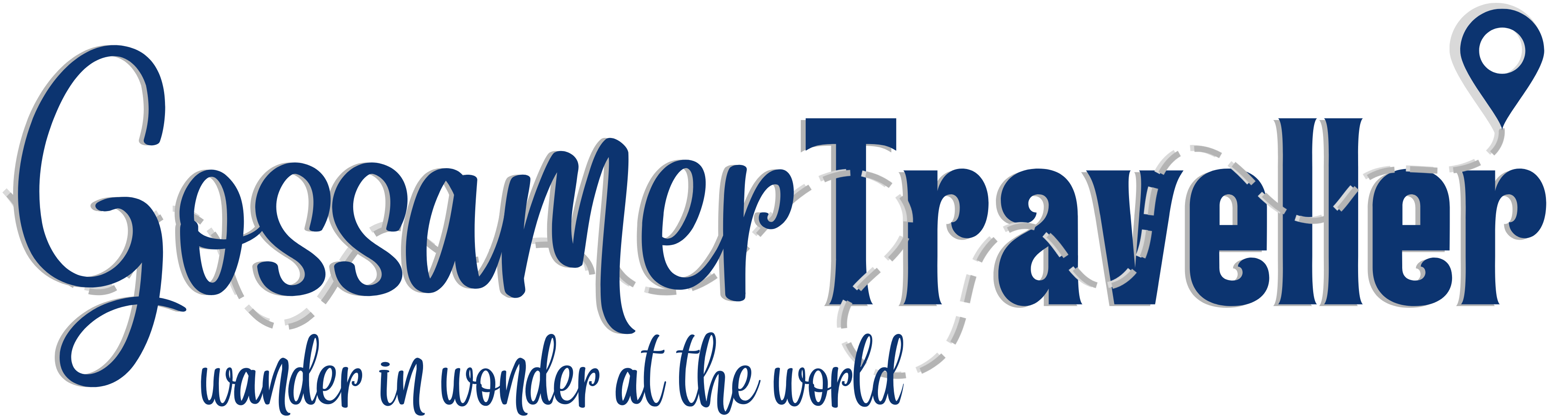 Gossamer Traveller Title - a mix of blue fonts with a grey outline, and a dotted travel line leading to a blue map pin